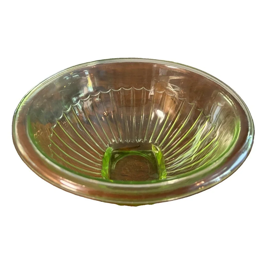 Vintage Uranium Glass Mixing Bowl Green UV Glow Ribbed Scalloped 9